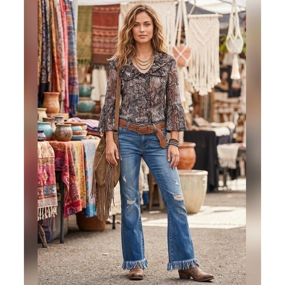 Whim Lace Paisley Top Womens L Black Gray Taupe Sheer Ruffle Bell Sleeve Blouse